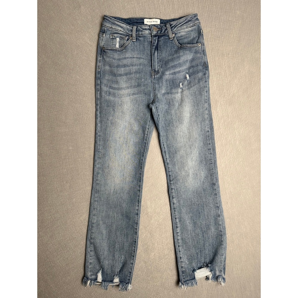 Risen Jeans High Rise Distressed Straight Leg Frayed Hem Denim Light Wash 7/28